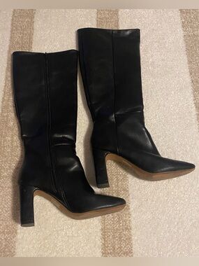 Call It Spring Black Pointed Toe Mid-Calf Block Heel Boots